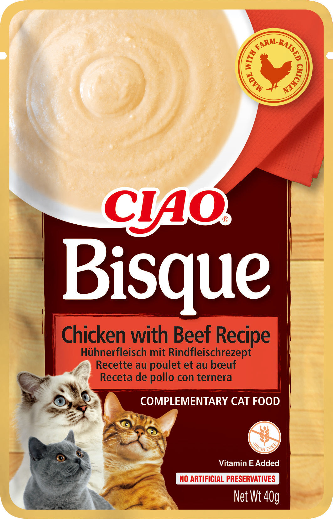 Front View of Ciao Bisque Wet Cat Food - Chicken with Beef Recipe - 40 g
