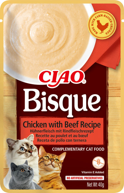 Front View of Ciao Bisque Wet Cat Food - Chicken with Beef Recipe - 40 g