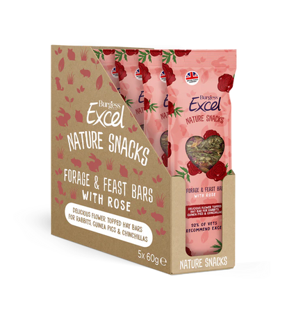 Front View of Burgess Excel Nature Snacks for Rabbit, Guinea Pigs & Chinchilla - Forage & Feast Bar Rose - 60g