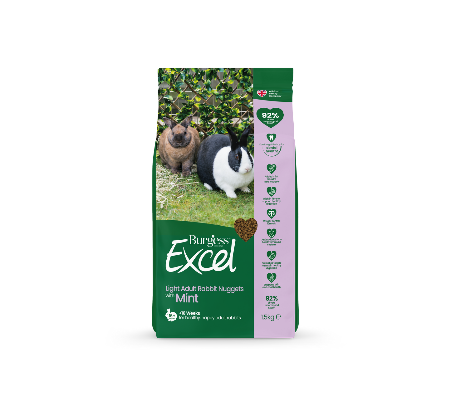 Front View of Burgess Excel Light Adult Rabbit Nuggets - Mint - 1.5kg