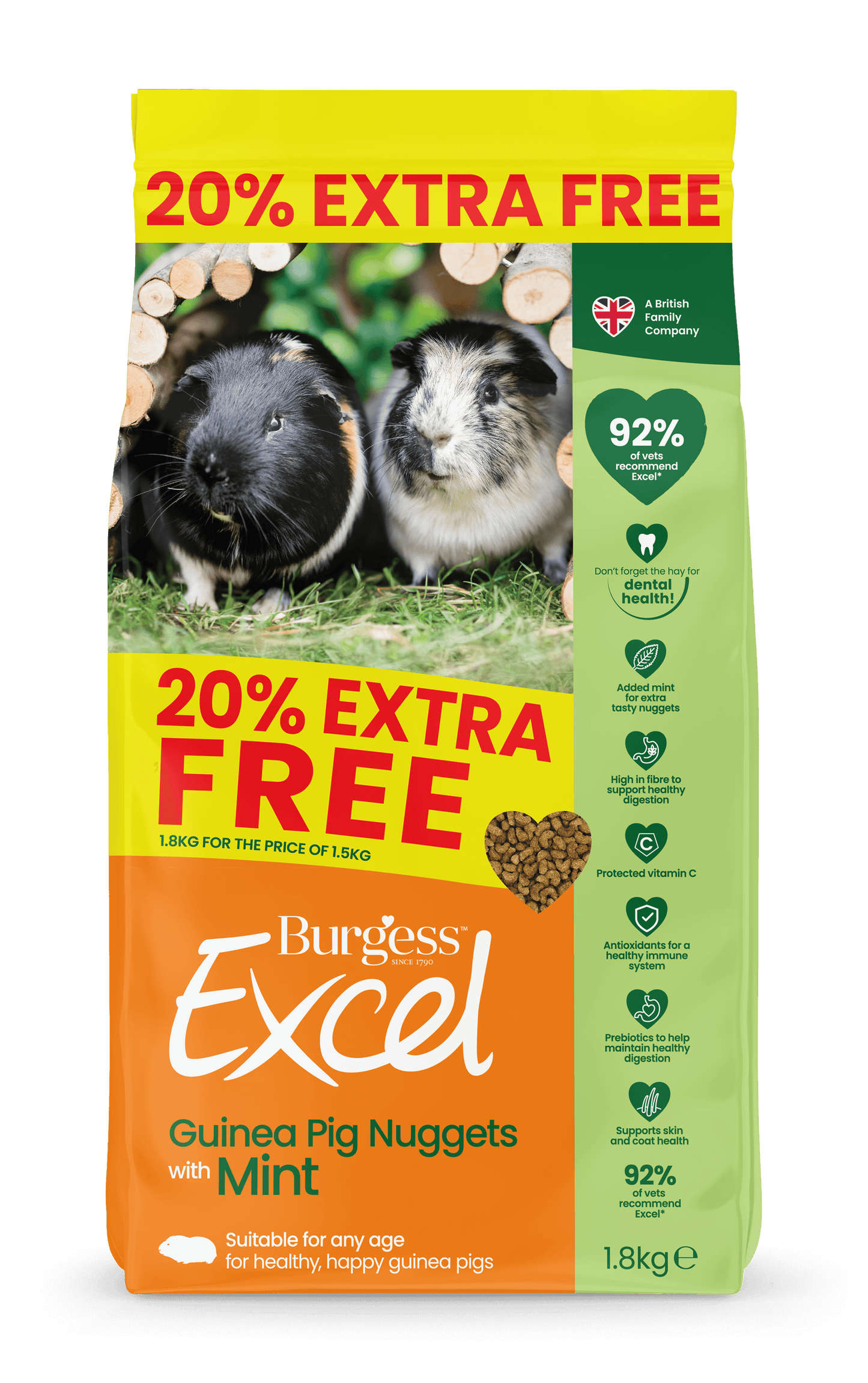 Front View of Burgess Excel Guinea Pig Nuggets - Mint - 1.8kg
