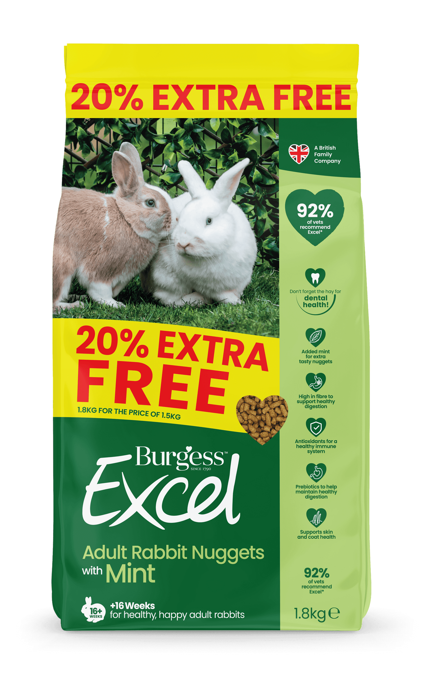 Front View of Burgess Excel Adult Rabbit Nuggets - Mint - 1.8kg
