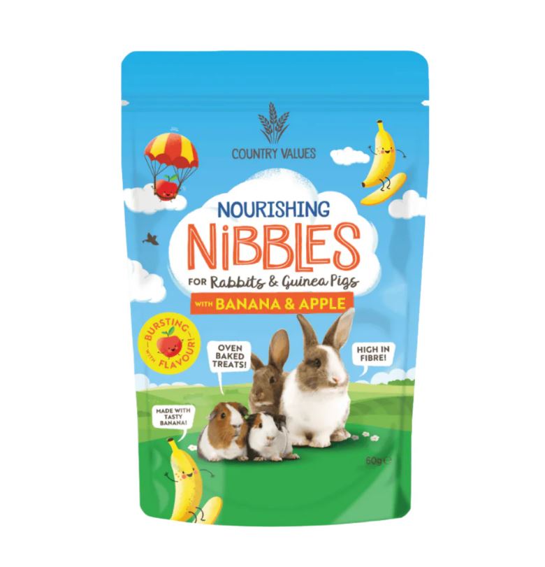 Front View of Country Values Nourishing Nibbles Treat for Rabbits & Guinea Pigs - Banana and Apple - 60g