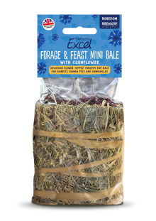 Front View of Burgess Excel Forage and Feast Mini Hay Bale for Rabbit, Guinea Pigs & Chinchilla - Cornflower - 100g