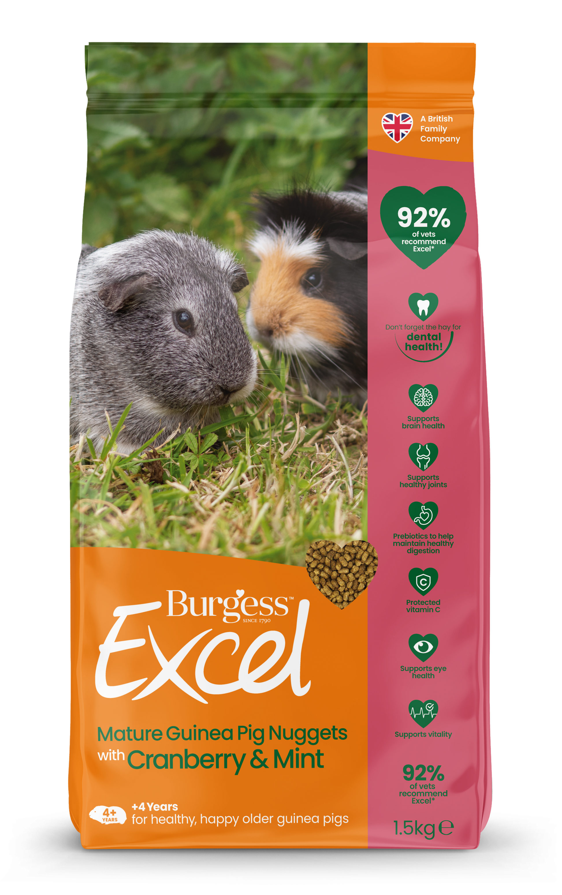 Front View of Burgess Excel Mature Guinea Pig Nuggets - Cranberry & Mint - 1.5kg
