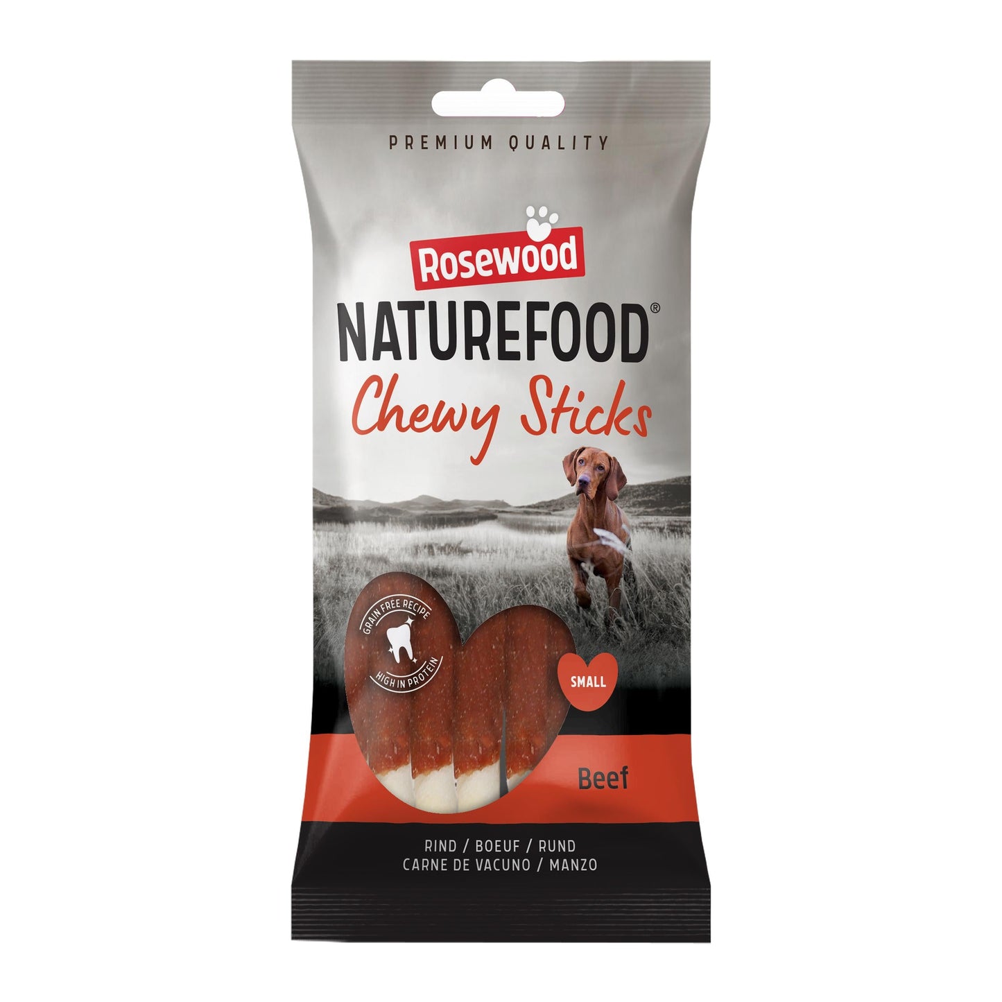 Front View of Naturefood Chewy Sticks Small Dog Treats - Beef - 72g
