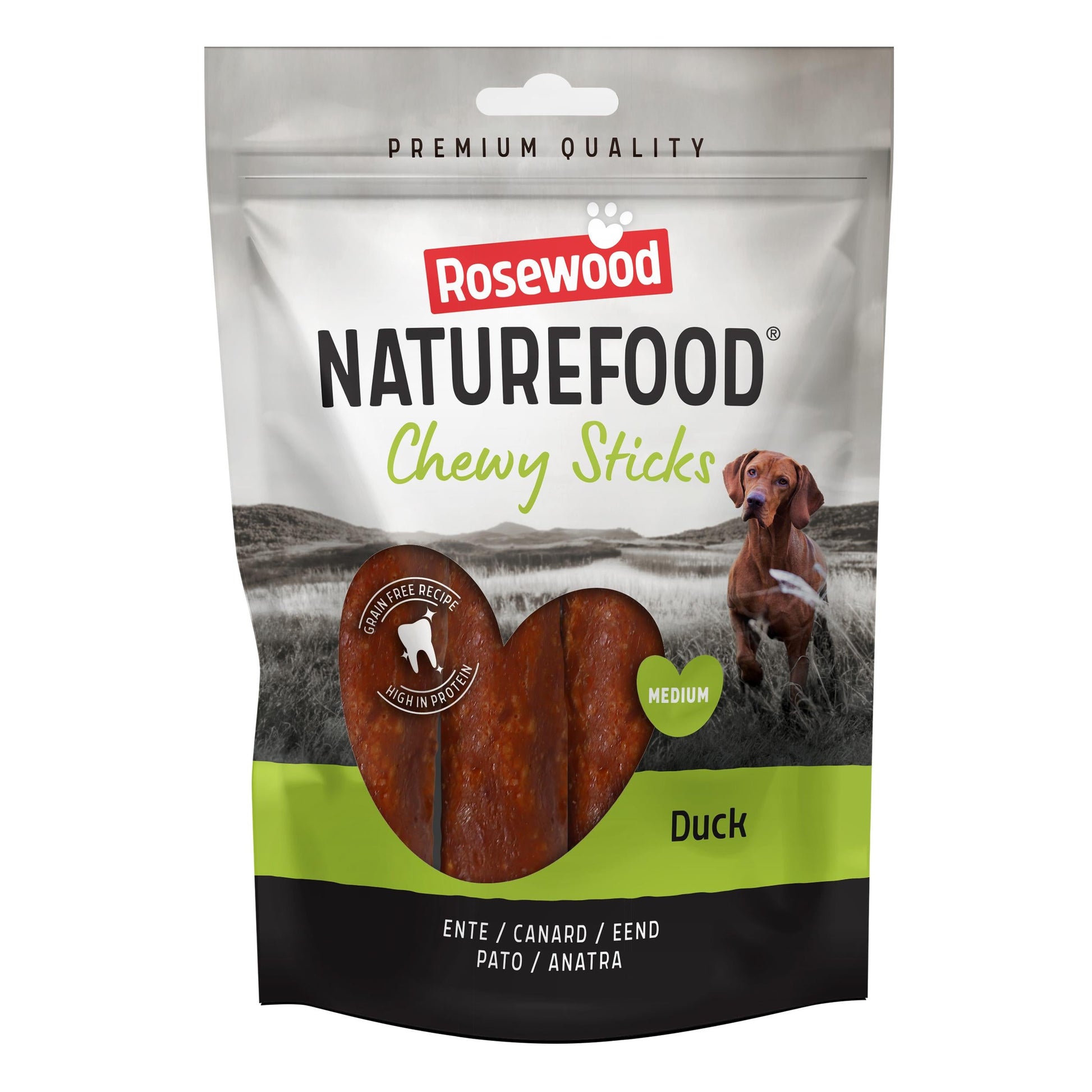 Front View of Naturefood Chewy Sticks Medium Breed Dog Treats - Duck - 100g