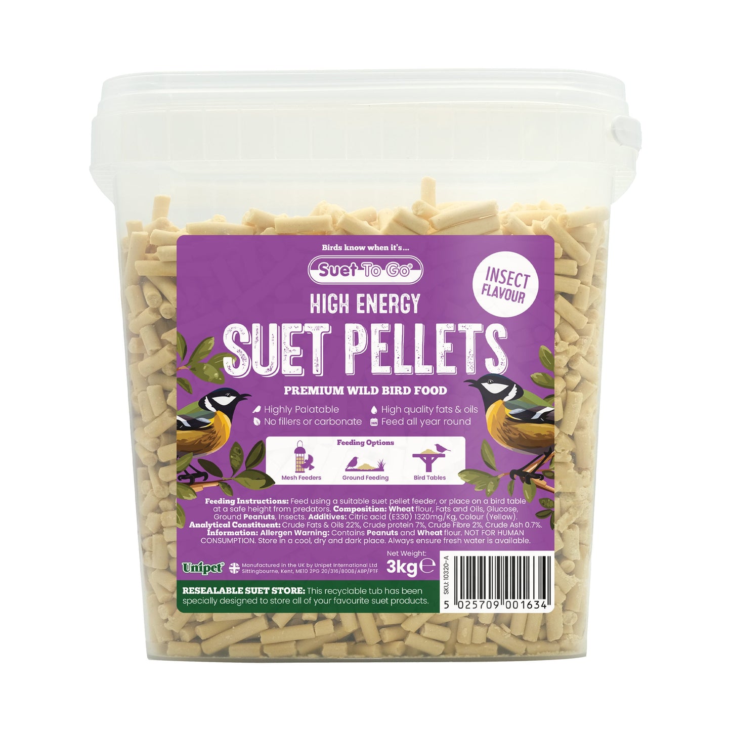 Front View of Suet to Go Suet Pellets Wild Bird Food - Insect - 3kg