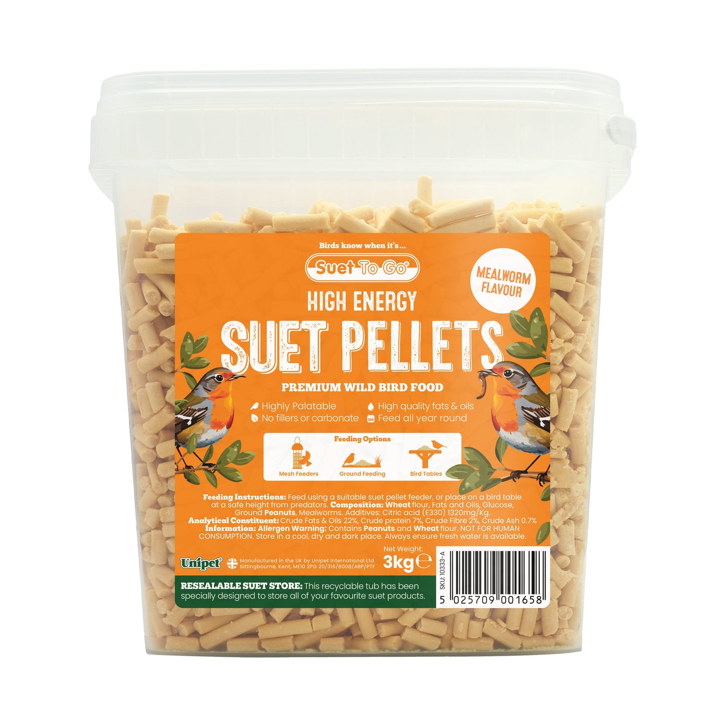Front View of Suet to Go Suet Pellets Wild Bird Food - Mealworm - 3kg