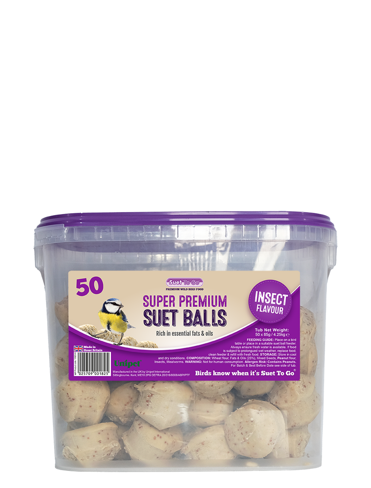 Front View of Suet to Go Suet Balls Tub Wild Bird Food - Insect - 50 x 85g