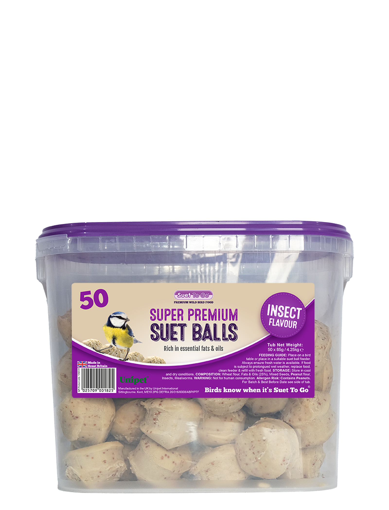 Front View of Suet to Go Suet Balls Tub Wild Bird Food - Insect - 50 x 85g