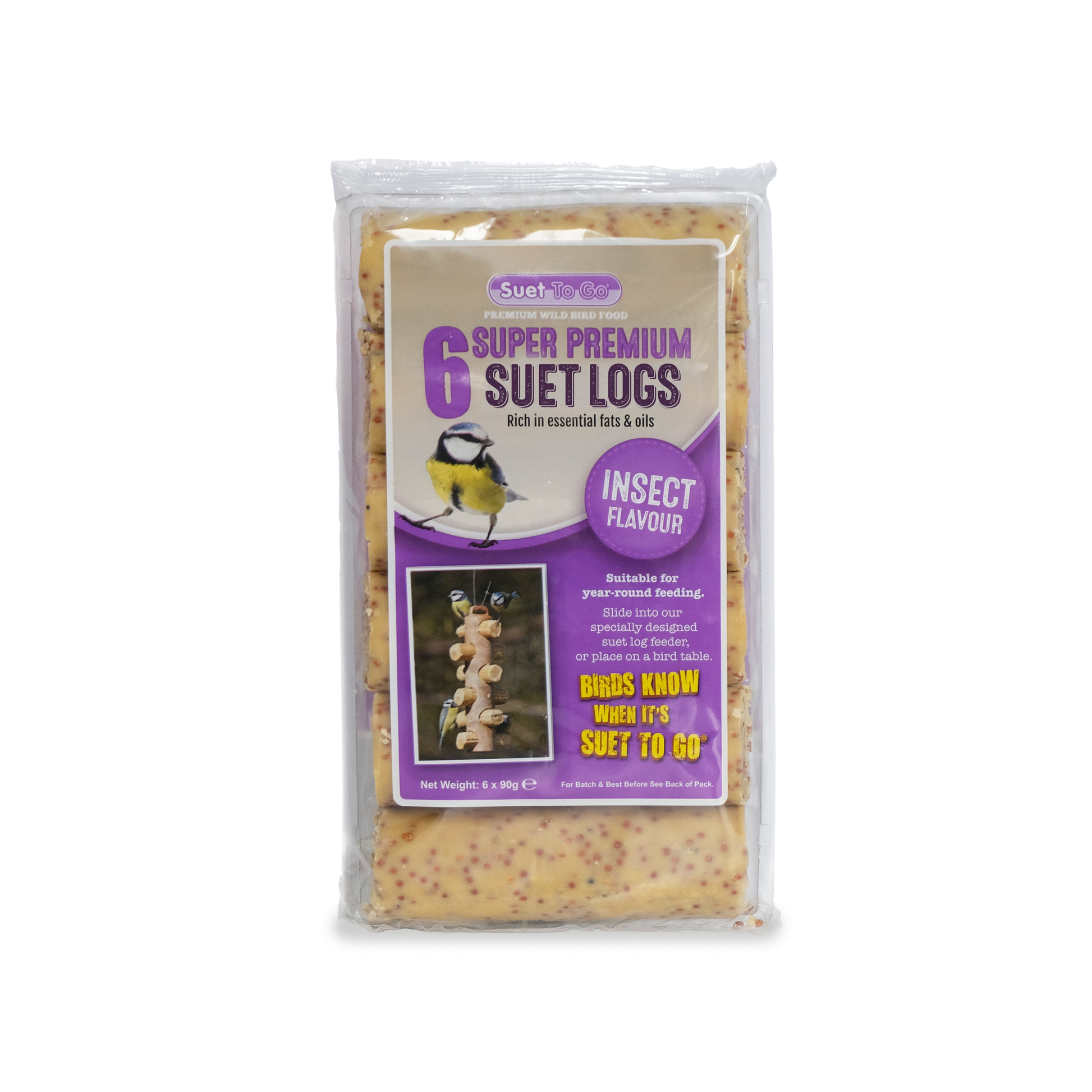 Front View of Suet to Go Suet Logs Wild Bird Food - Insect - 6 Pack
