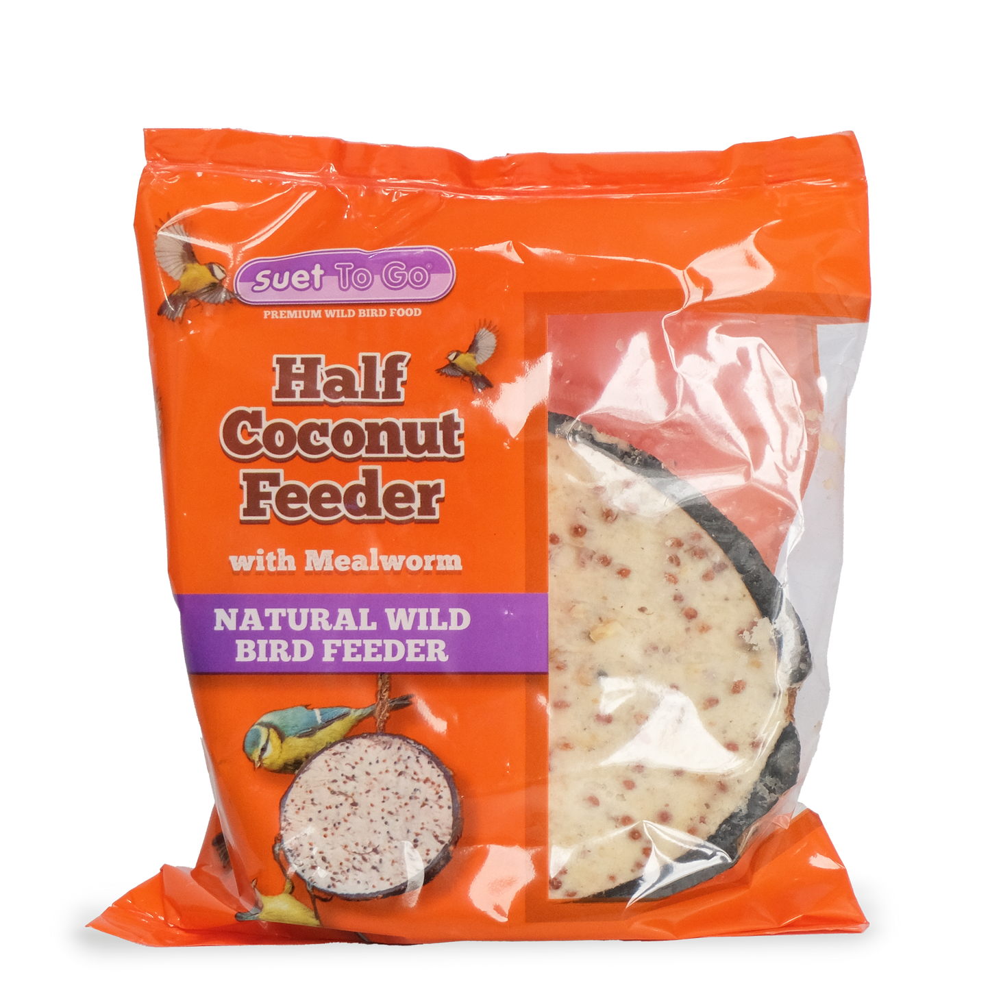 Front View of Suet to Go Suet Half Coconut Feeder Wild Bird Food - Mealworm - 10 Pack