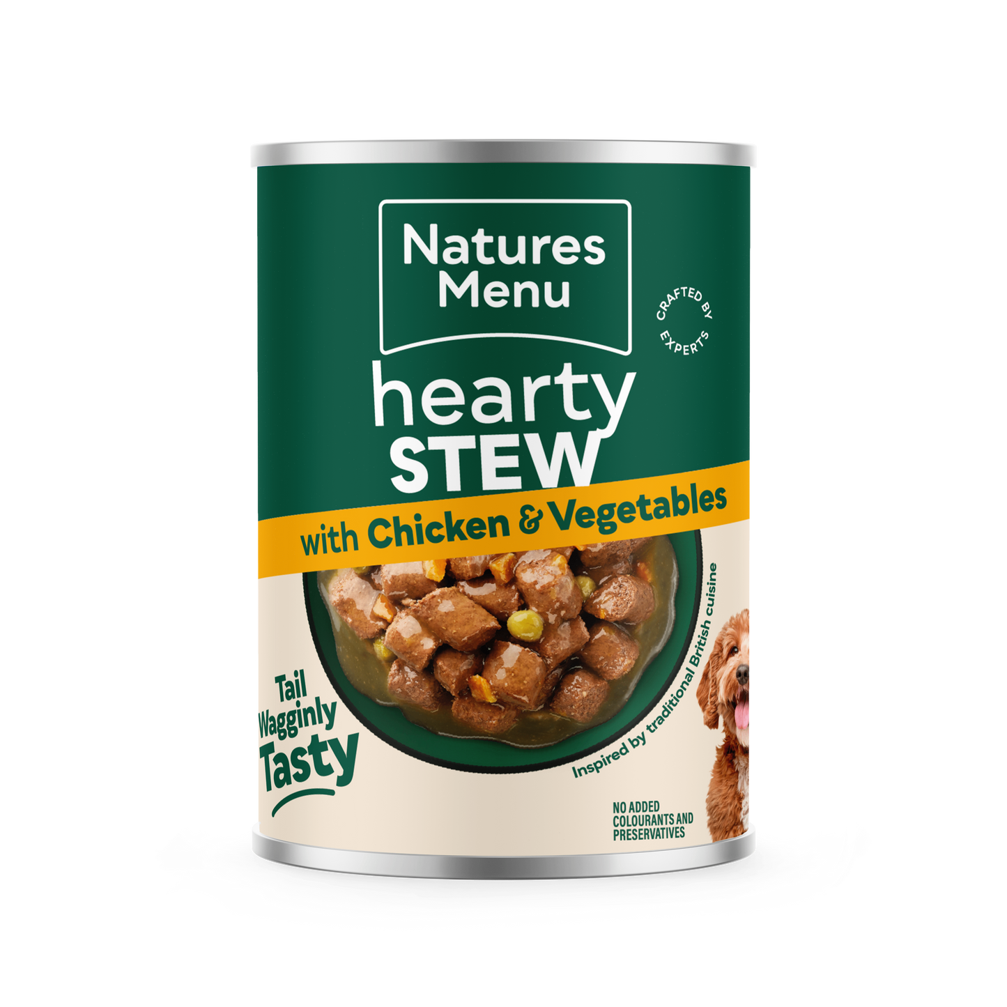 Front View of Natures Menu Hearty Stews Wet Dog Food Cans With Chicken & Vegetable