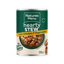 Front View of Natures Menu Hearty Stews Wet Dog Food Cans With Chicken & Vegetable