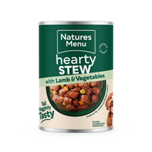 Front View of Natures Menu Hearty Stews Wet Dog Food Cans With Lamb & Vegetable