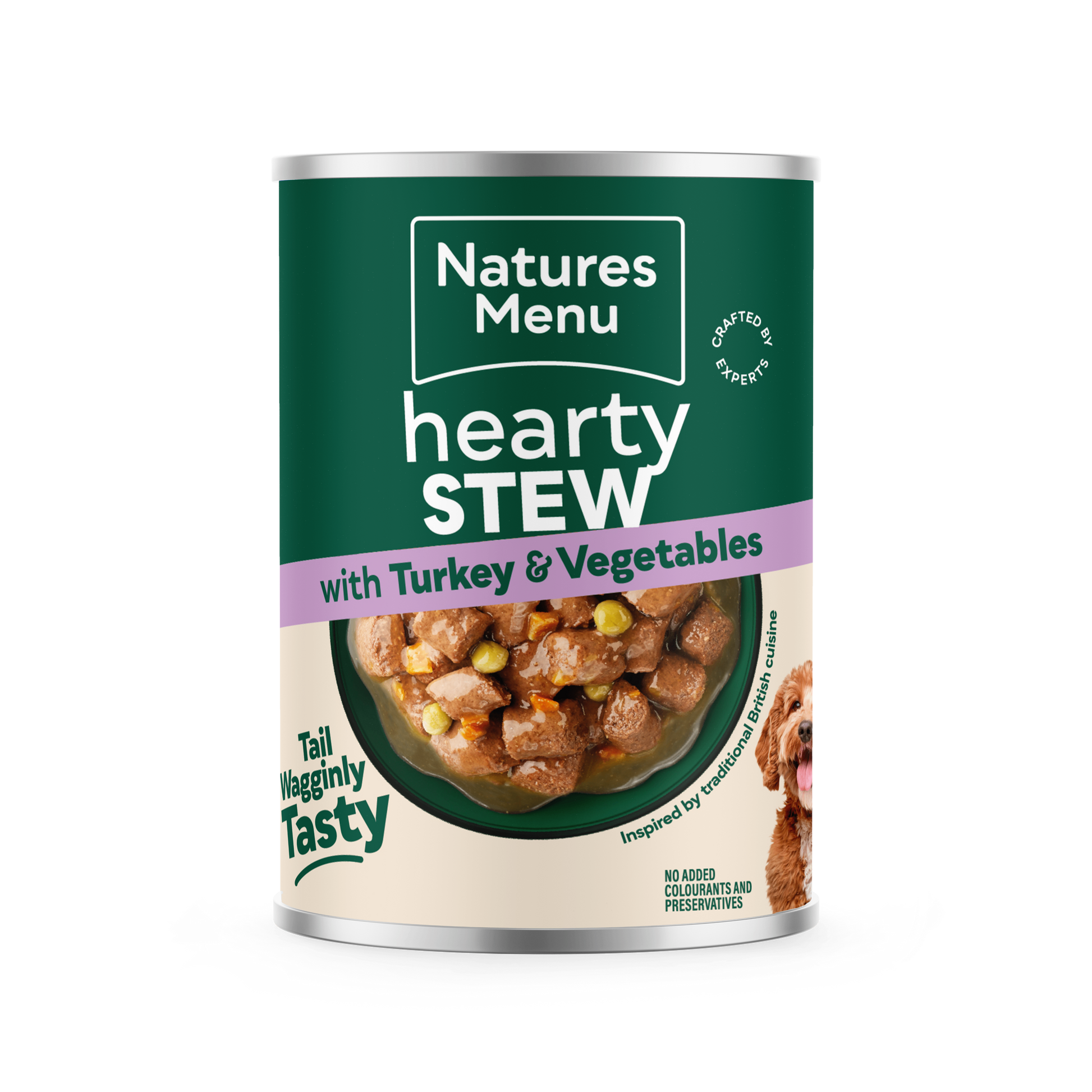 Front View of Natures Menu Hearty Stews Wet Dog Food Cans With Turkey & Vegetable