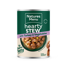 Front View of Natures Menu Hearty Stews Wet Dog Food Cans With Turkey & Vegetable