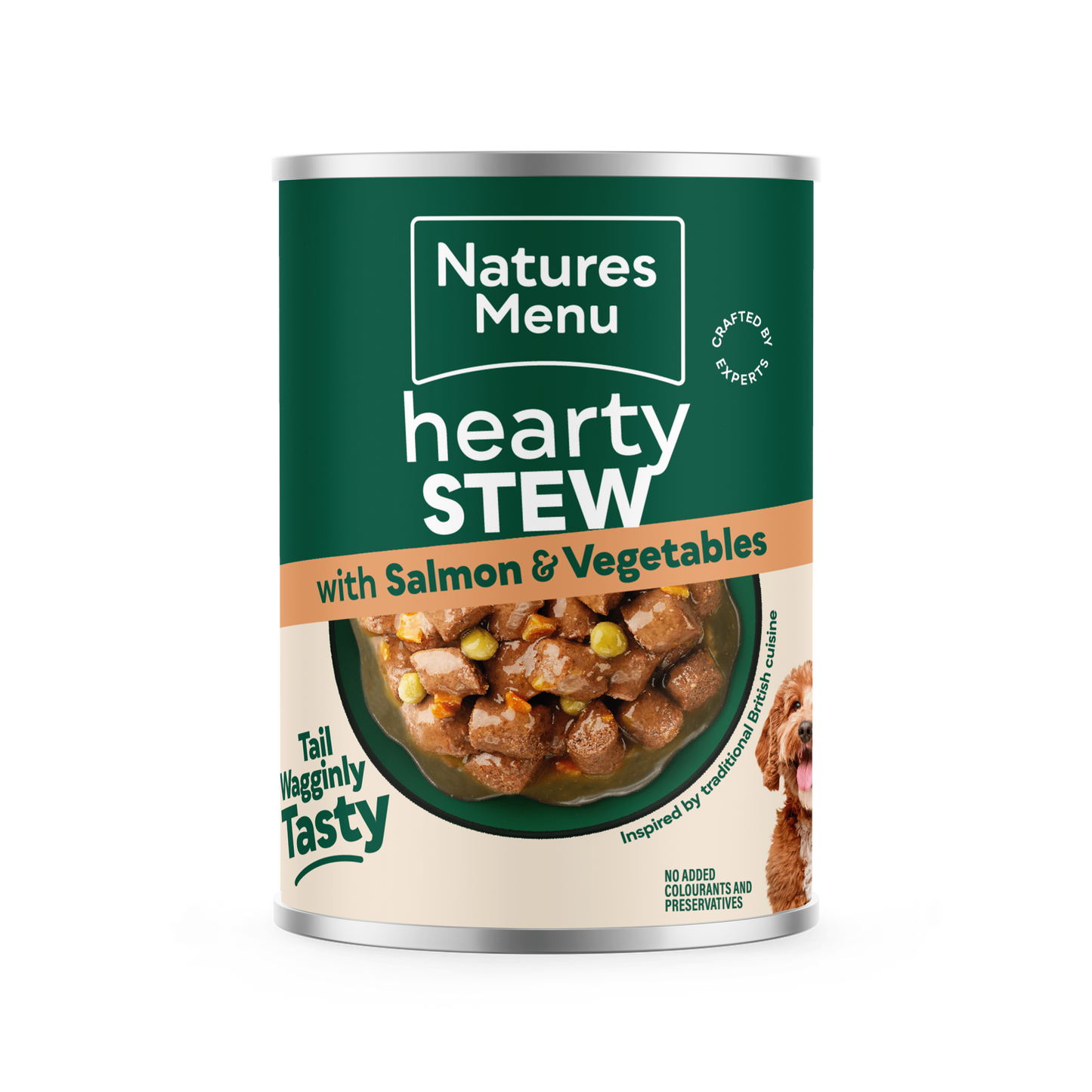 Front View of Natures Menu Hearty Stews Wet Dog Food Cans With Salmon & Vegetable