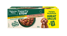 Front View of Natures Menu Hearty Stews Wet Dog Food Cans With Chicken, Lamb, Beef, Salmon & Vegetable