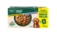 Front View of Natures Menu Hearty Stews Wet Dog Food Cans With Chicken, Turkey & Vegetable