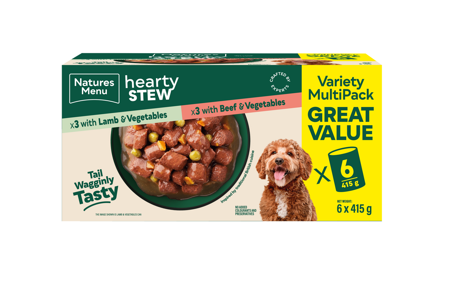 Front View of Natures Menu Hearty Stews Wet Dog Food Cans With Lamb, Beef & Vegetable