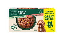 Front View of Natures Menu Hearty Stews Wet Dog Food Cans With Lamb, Beef & Vegetable