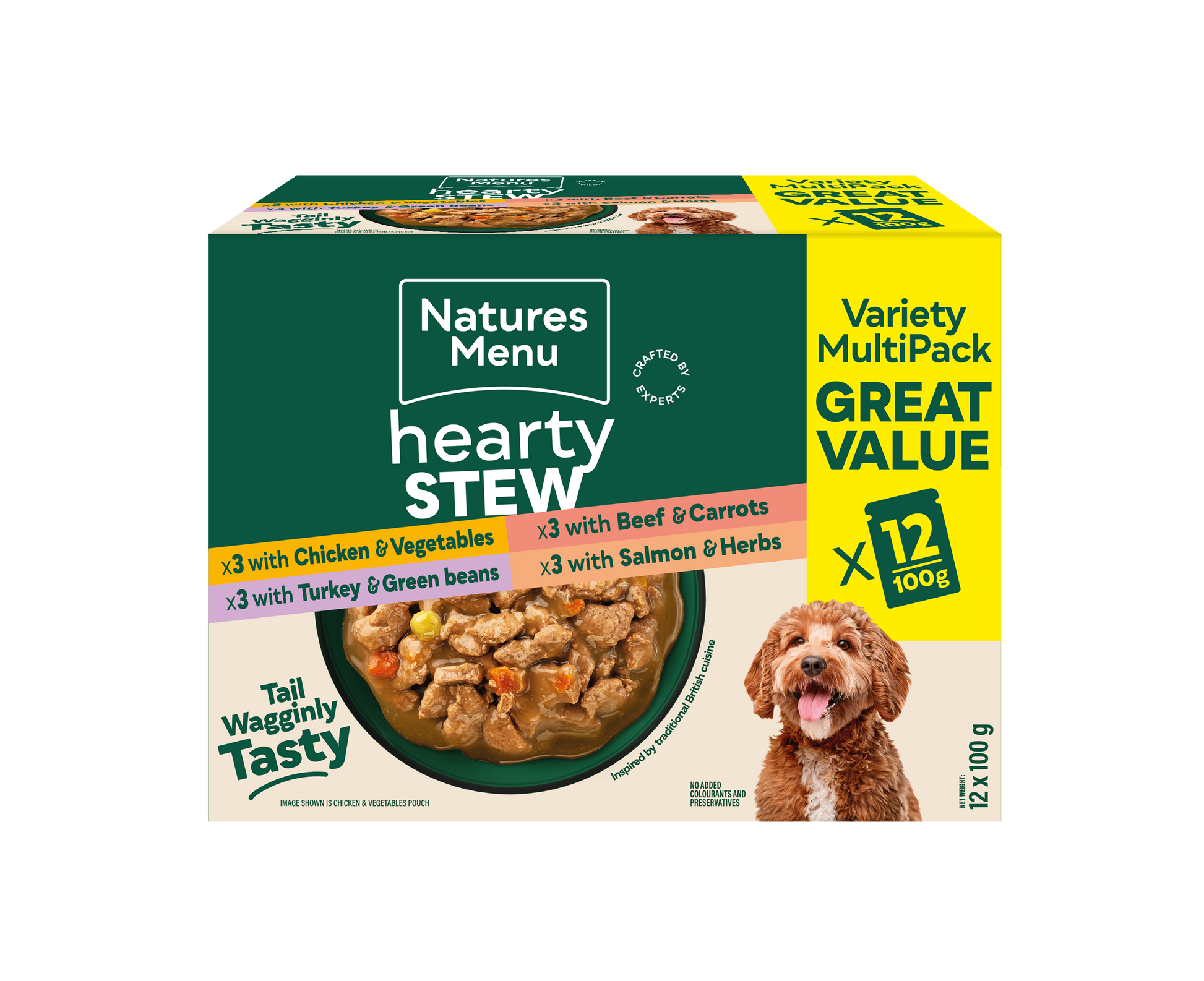 Front View of Natures Menu Hearty Stews Wet Dog Food Pouch With Chicken,Turkey, Beef, Salmon & Vegetable