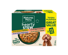Front View of Natures Menu Hearty Stews Wet Dog Food Pouch With Chicken,Turkey, Beef, Salmon & Vegetable