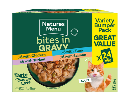 Natures Menu Bites in Gravy Variety Bumper Pack Wet Cat Food - 24 x 85g