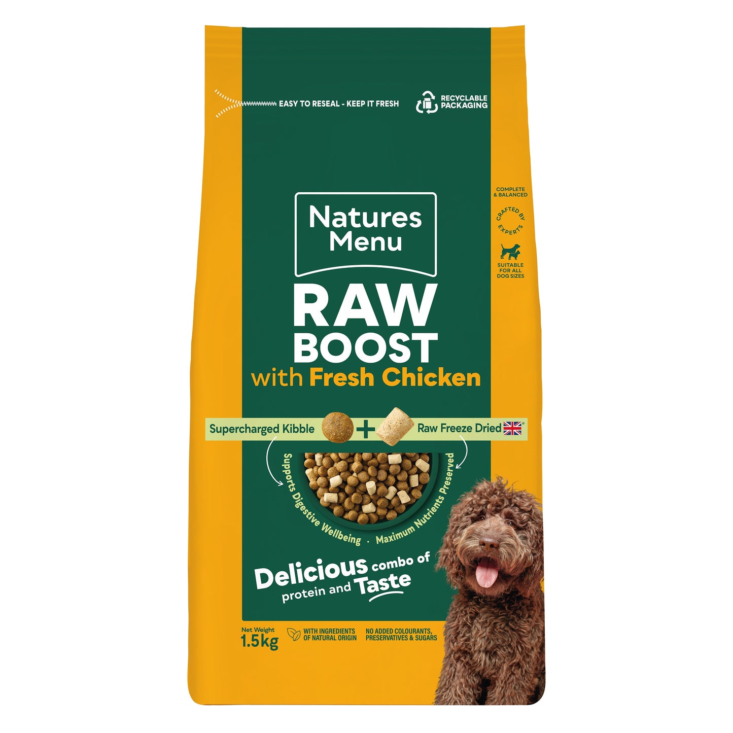 Front View of Natures Menu Freeze Dried Raw Boost Adult Dry Dog Food with Fresh Chicken - 1.5kg & 3kg