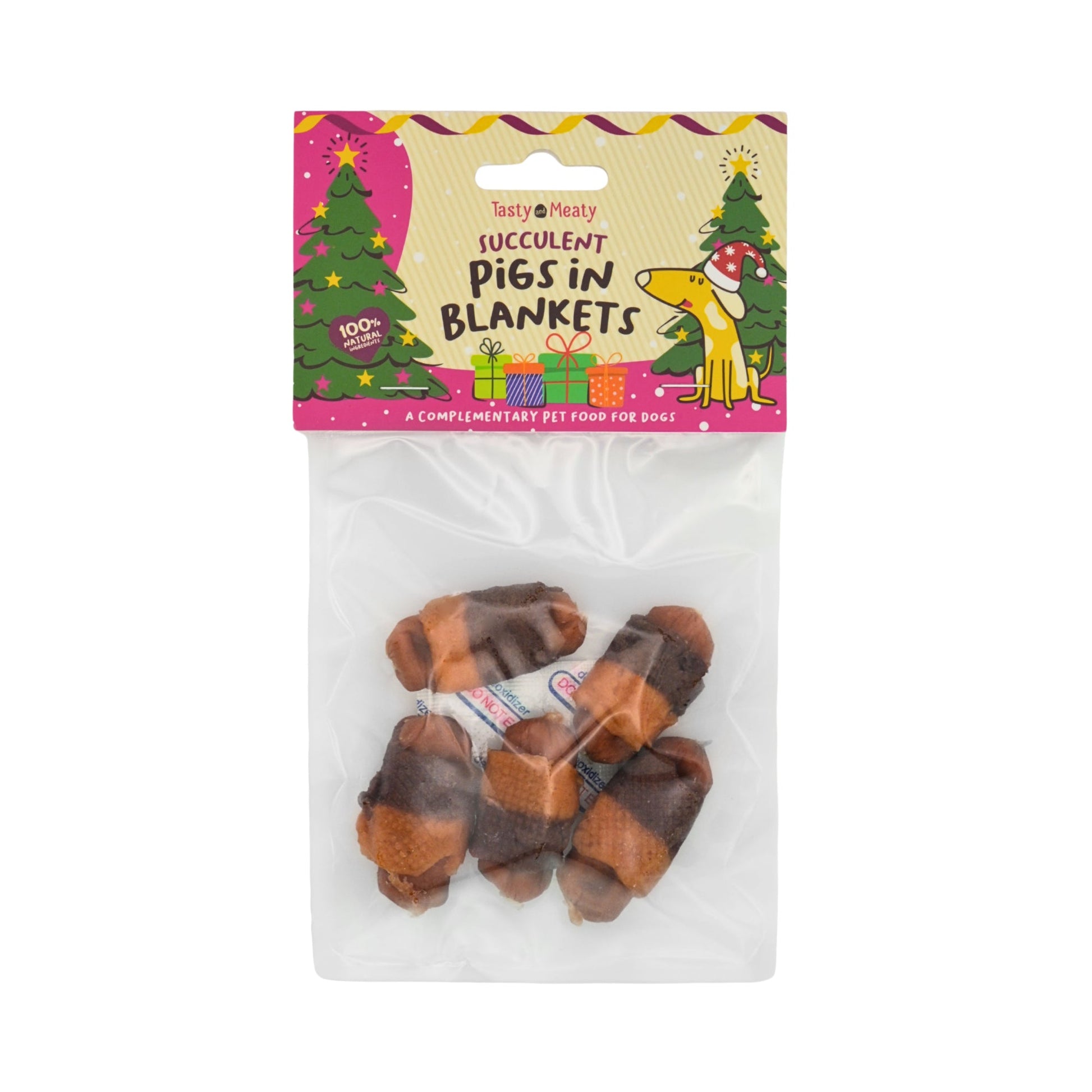 Front View of Tasty & Meaty Pigs in Blankets Dog Treats - Chicken - 80g