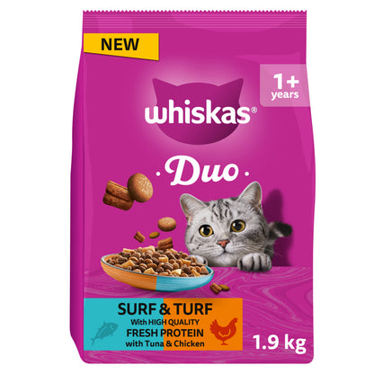 WHISKAS 1+ Complete Duo Surf & Turf Dry Cat Food with Tuna & Chicken