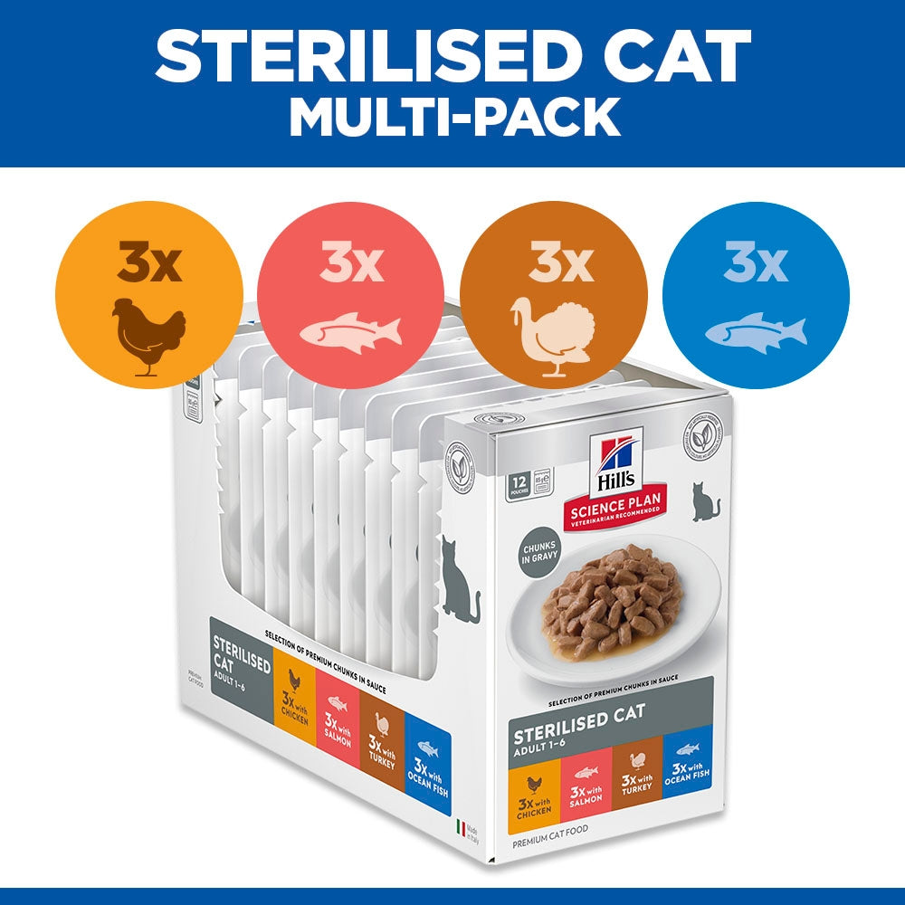 Hill's Science Plan Sterilised Cat Adult Wet Cat Food Multipack - Chicken, Salmon, Trout, Turkey
