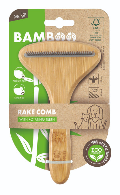 M-Pets Bamboo Rake Comb with Rotating Teeth for Dogs & Cats