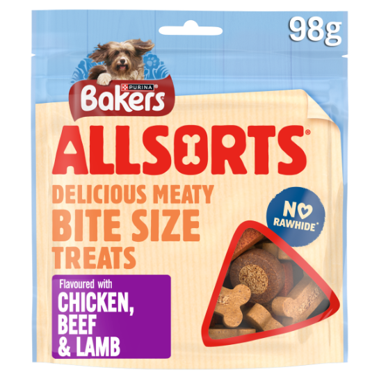 Front View of Bakers Allsorts Dog Treats with Chicken, Beef & Lamb - 98g