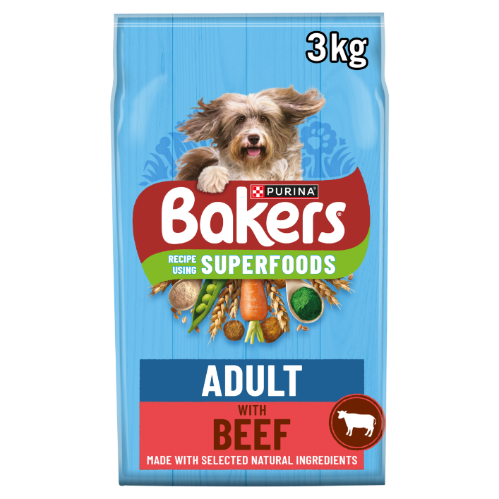 Front View of Bakers Adult Dry Dog Food with Beef and Vegetable - 3kg & 14kg