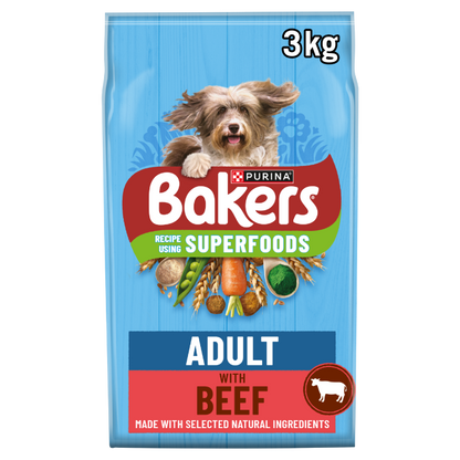 Front View of Bakers Adult Dry Dog Food with Beef and Vegetable - 3kg & 14kg