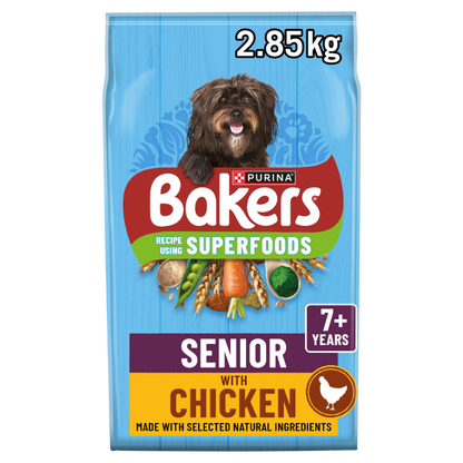 Front View of Bakers Senior Dry Dog Food with Chicken and Vegetable - 2.85kg & 12kg