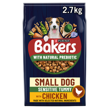 Front View of Bakers Small Dry Dog Food Sensitive Tummy with Chicken - 2.7kg