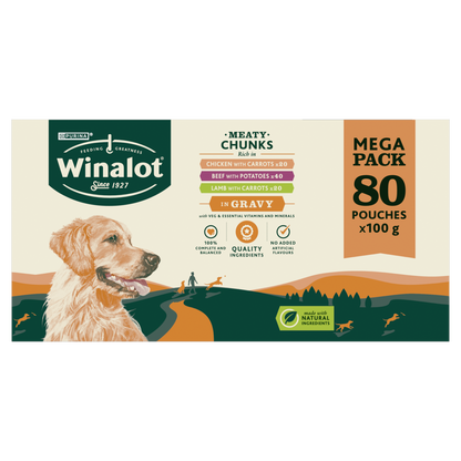 Winalot Meaty Chunks Mixed Rich in Chicken, Beef & Lamb in Gravy Adult Wet Dog Food Pouches Mega Pack