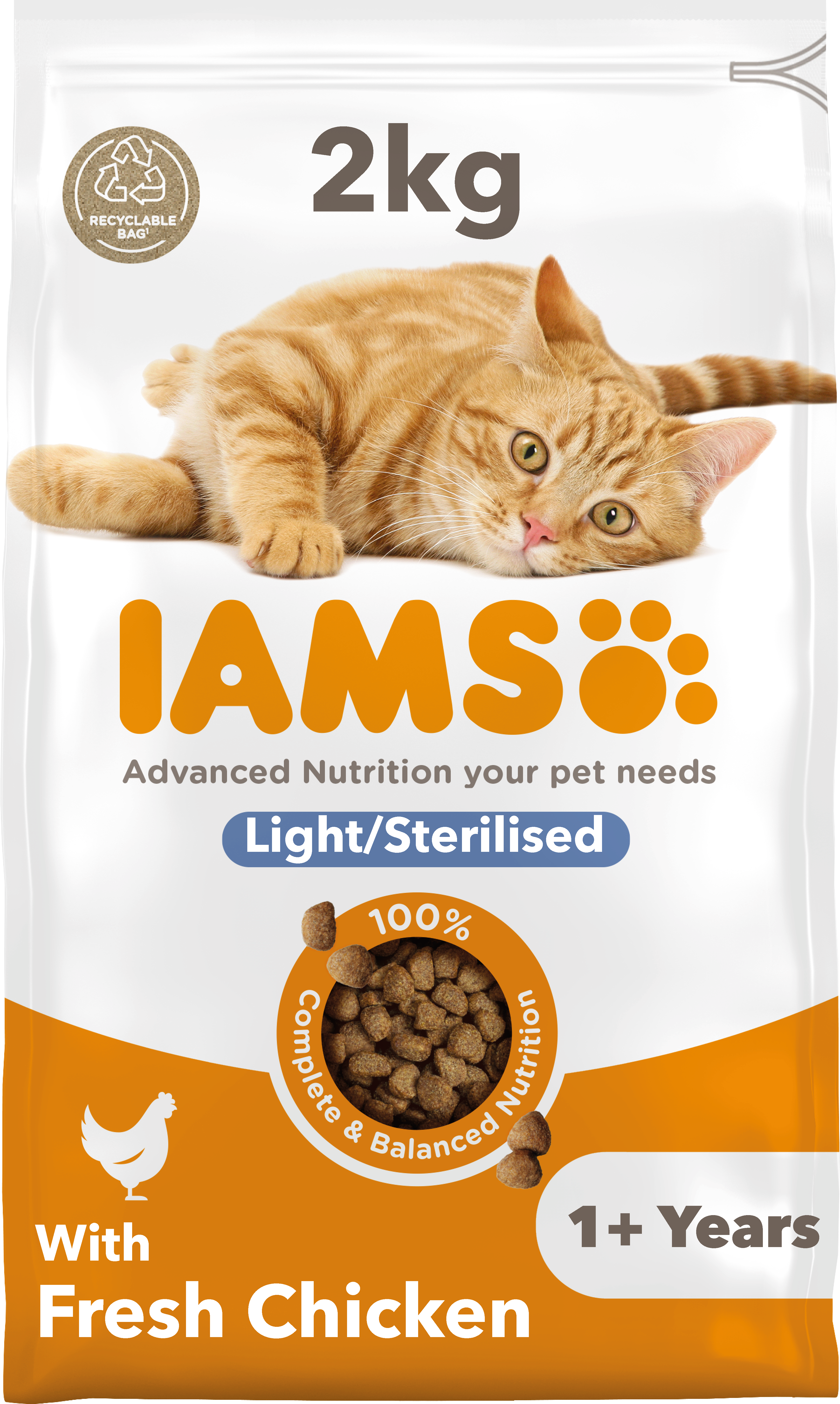 Iams Iams Light Fat Sterilised Chicken Pork Turkey Adult Dry Cat Food pet food packaging