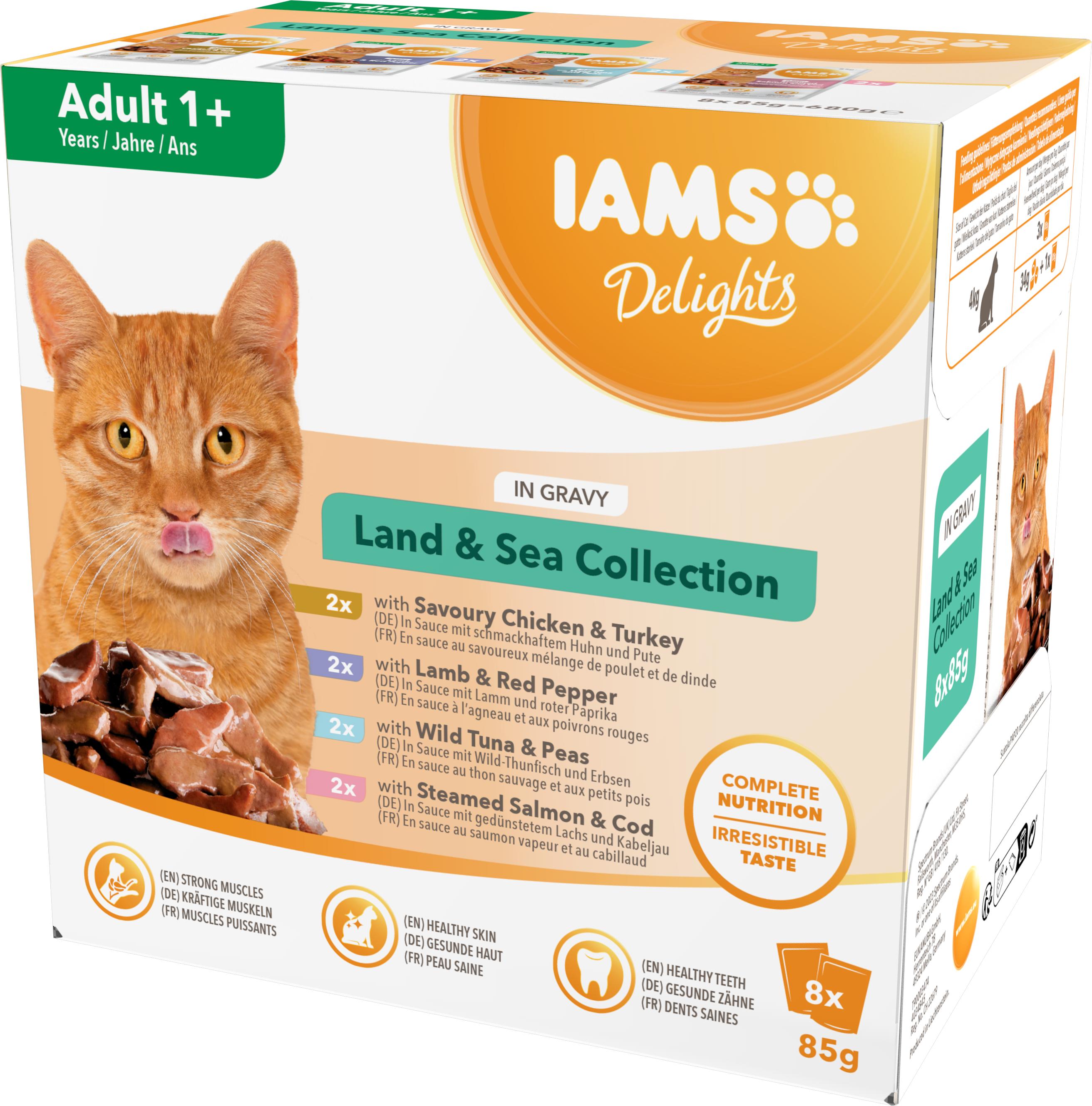 IAMS Iams Delights Land Collection Chicken Cod Lamb Salmon Tuna Turkey Adult Wet Cat Food pet food packaging