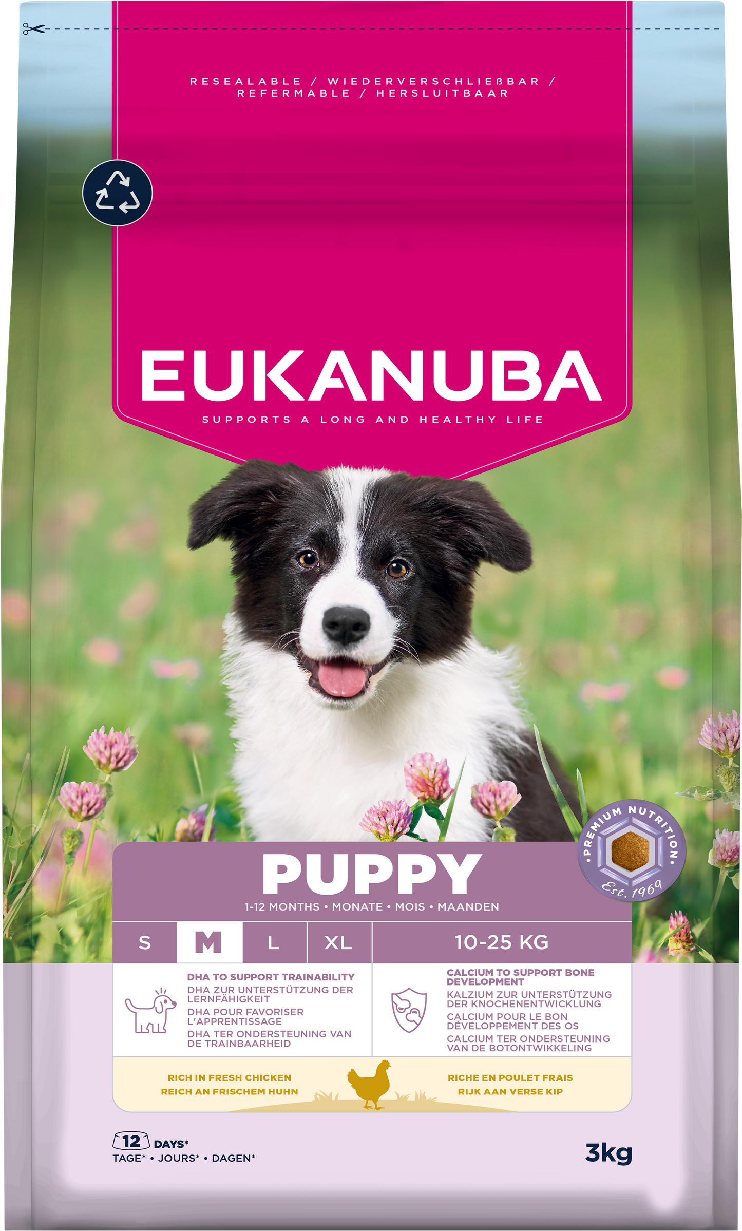 Front View of Eukanuba Puppy Medium Breed Dry Dog Food - Chicken - 3kg & 12kg