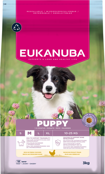 Front View of Eukanuba Puppy Medium Breed Dry Dog Food - Chicken - 3kg & 12kg