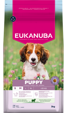 Front View of Eukanuba Life Care Puppy & Junior Small/Medium Breed Dry Dog Food - Lamb & Rice - 3kg & 12kg