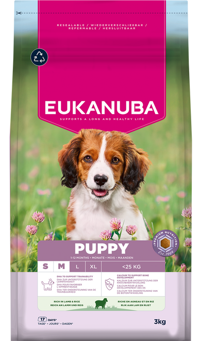Front View of Eukanuba Life Care Puppy & Junior Small/Medium Breed Dry Dog Food - Lamb & Rice - 3kg & 12kg