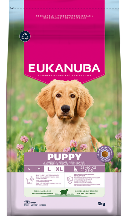 Front View of Eukanuba Puppy & Junior Large Breed Dry Dog Food - Lamb & Rice - 3kg & 12kg