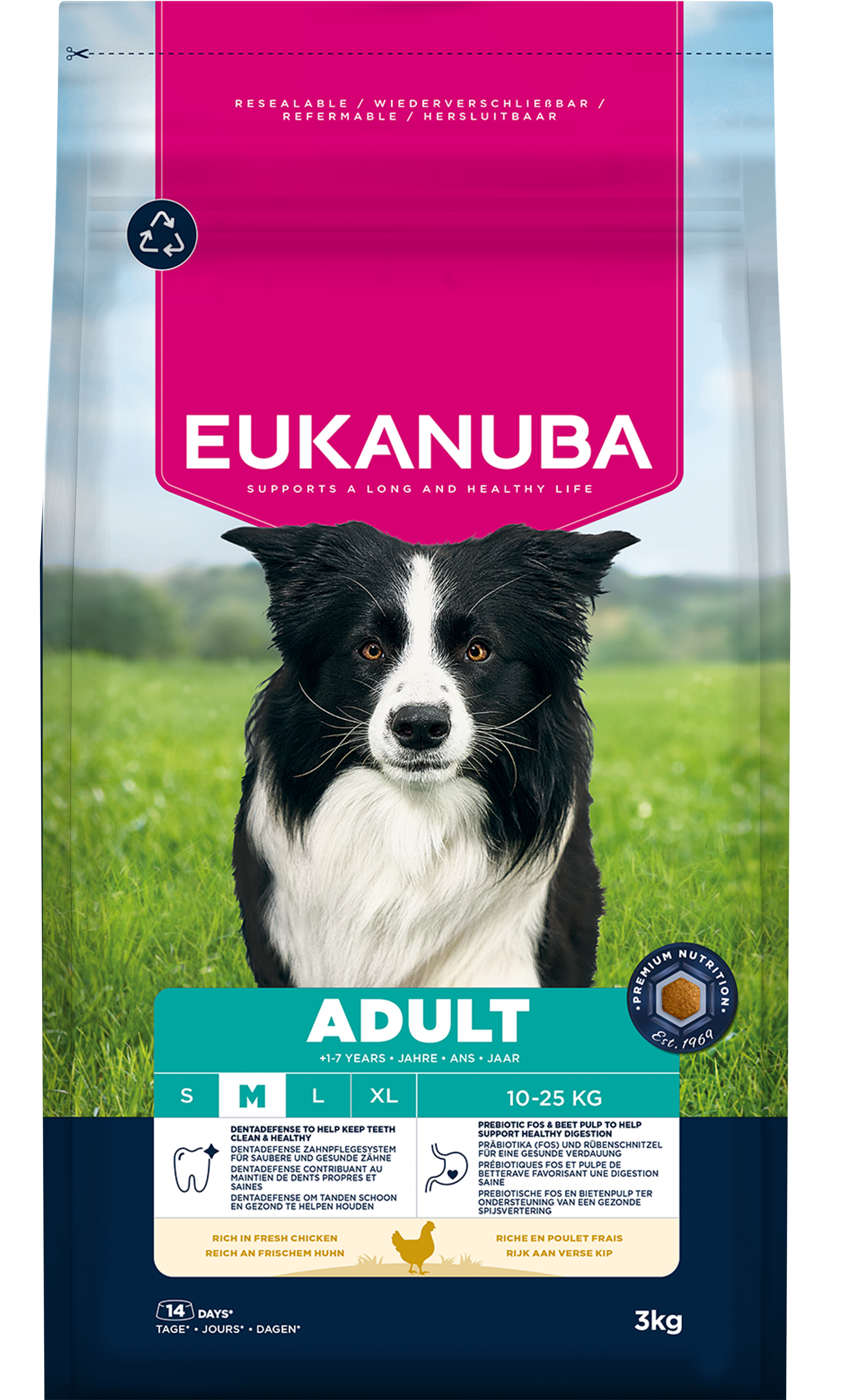 Front View of Eukanuba Adult Medium Breed Dry Dog Food - Chicken - 3kg & 12kg
