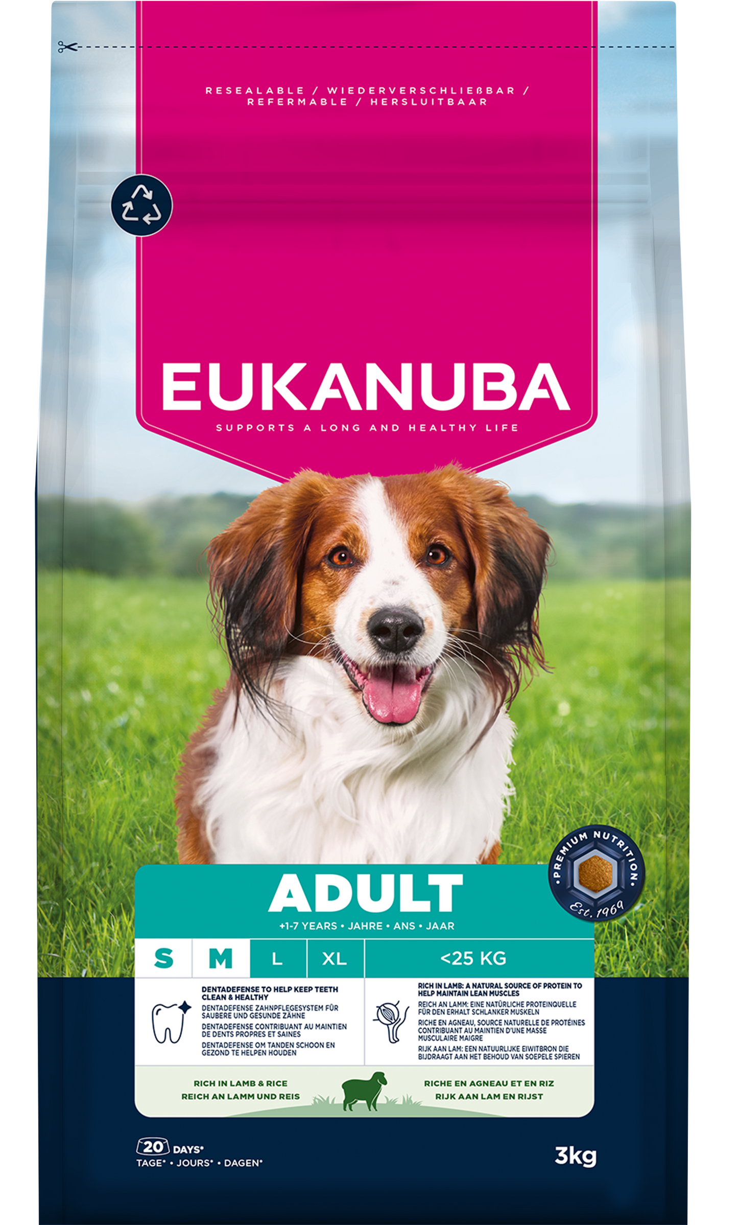 Front View of Eukanuba Life Care Adult Small/Medium Breed Dry Dog Food - Lamb & Rice - 3kg & 12kg